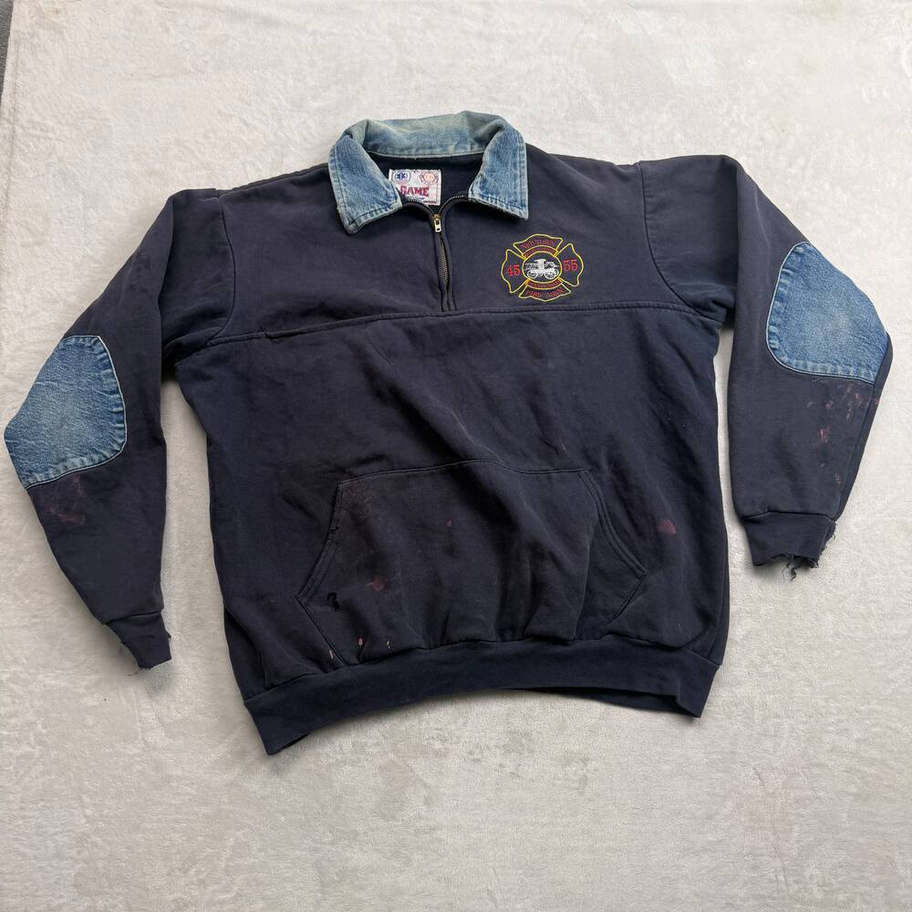 NYFD Fire Department Men's Navy Pullover Sweatshirt Size L Denim Collar Vintage